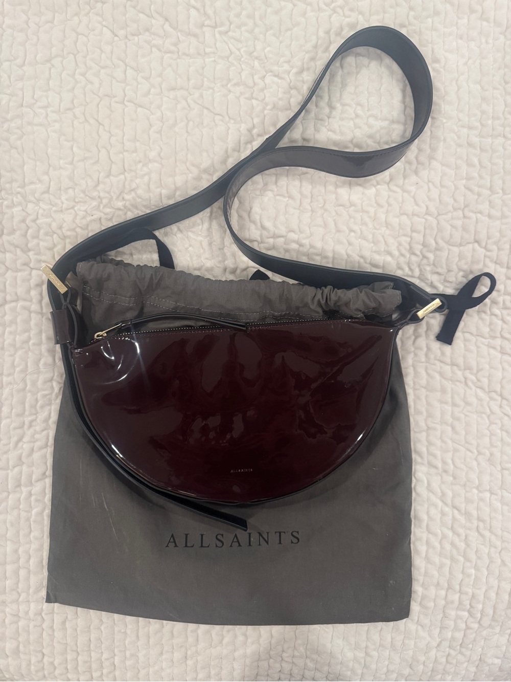All Saints Burgundy Patent Moon Crossbody